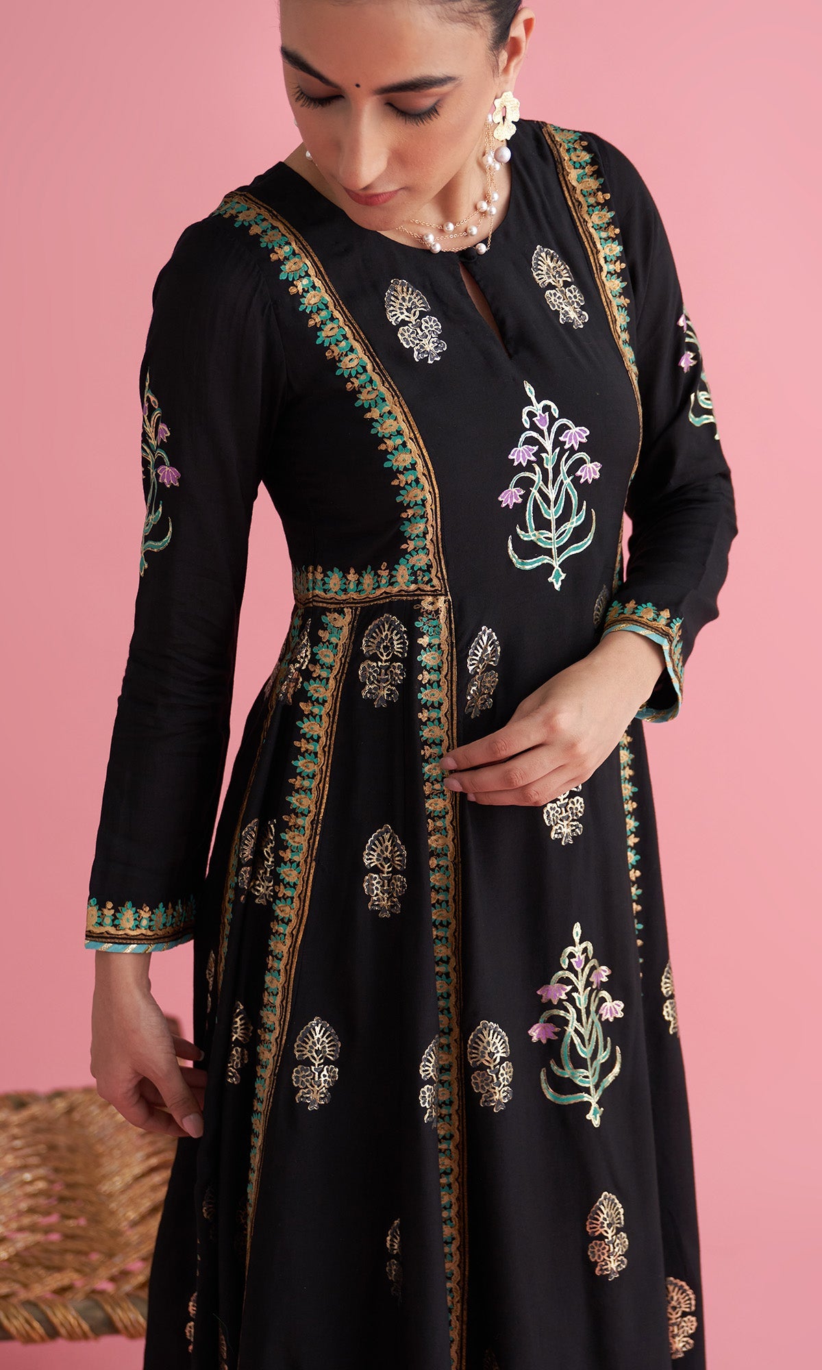 Apala Black Foil print Anarkali with palazzo and dupatta(set of 3) - Ready to ship