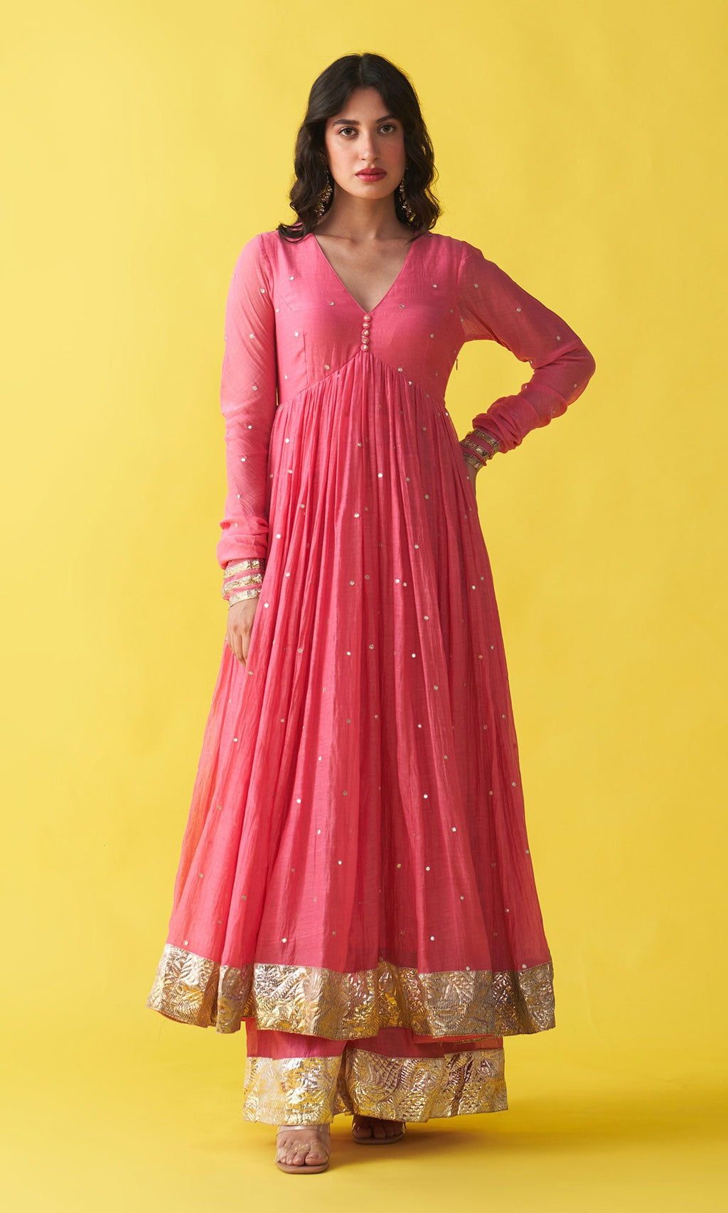 Gulzaar pink v-neck anarkali with flared palazzo and bandhej dupatta (set of 3) - Ready to ship