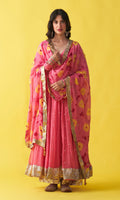 Gulzaar pink v-neck anarkali with flared palazzo and bandhej dupatta (set of 3) - Ready to ship