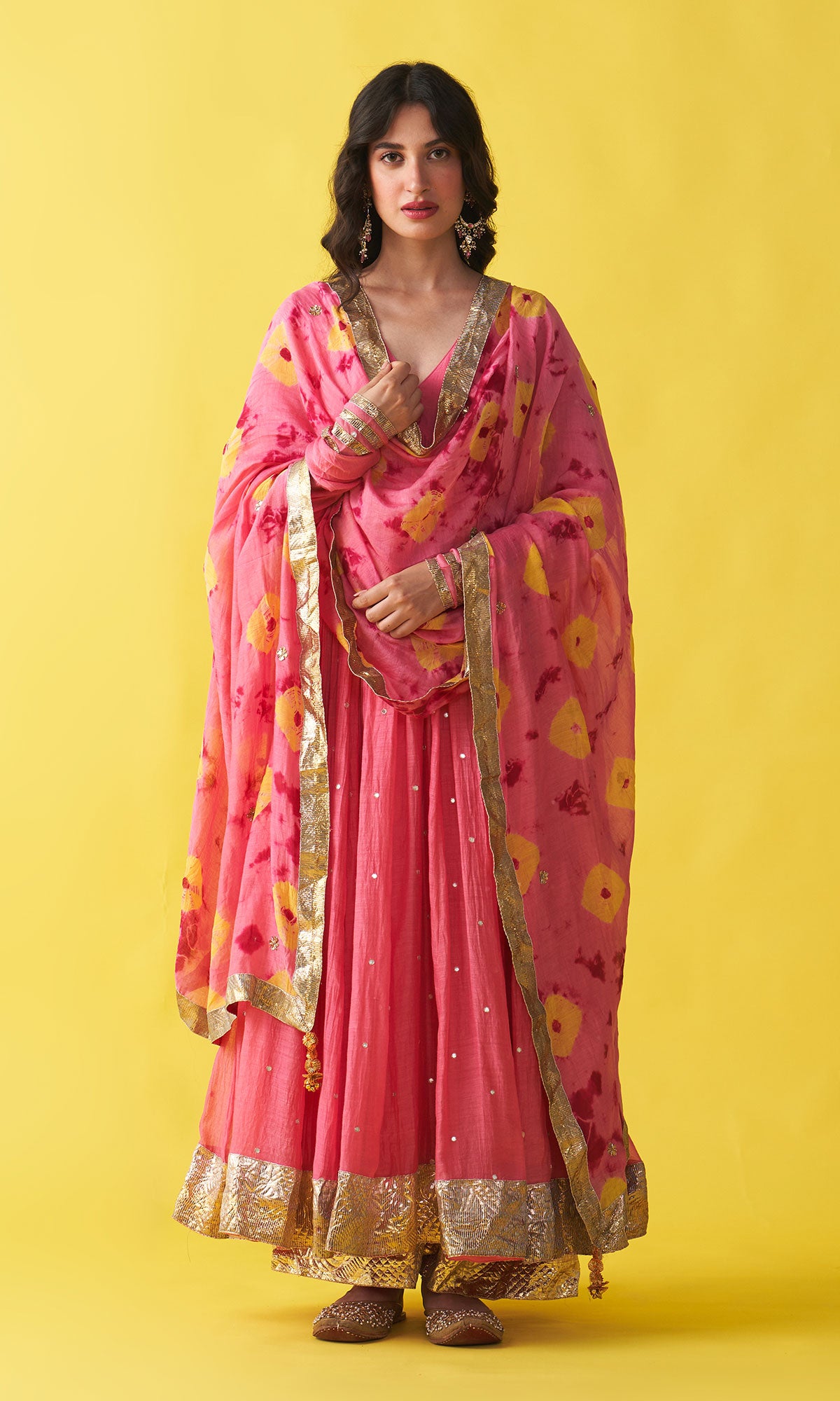 Gulzaar pink v-neck anarkali with flared palazzo and bandhej dupatta (set of 3) - Ready to ship