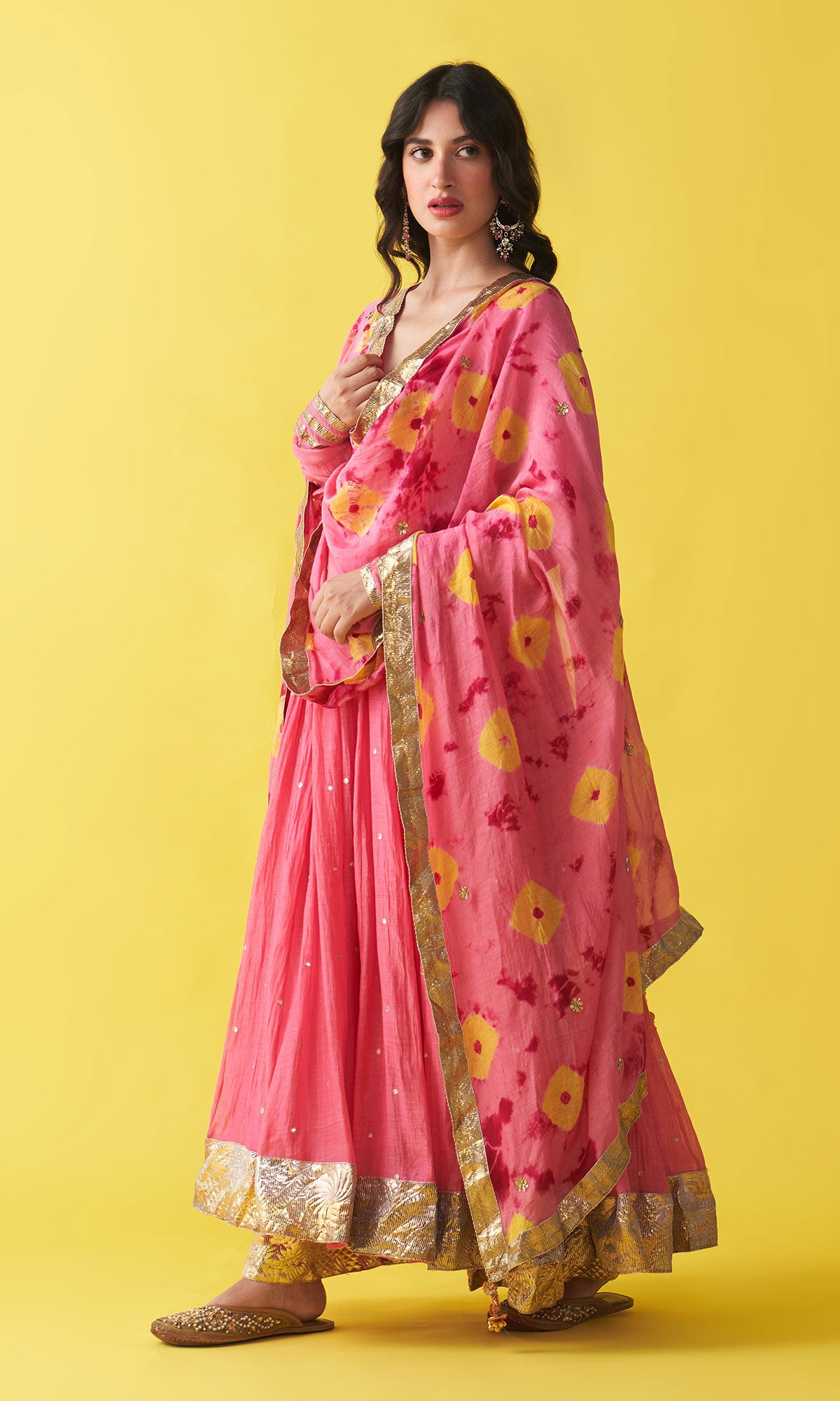 Gulzaar pink v-neck anarkali with flared palazzo and bandhej dupatta (set of 3) - Ready to ship