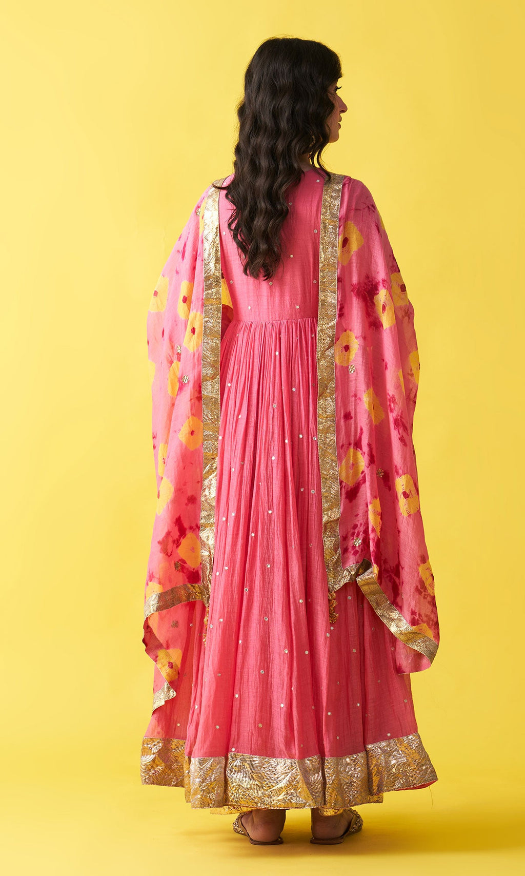Gulzaar pink v-neck anarkali with flared palazzo and bandhej dupatta (set of 3) - Ready to ship