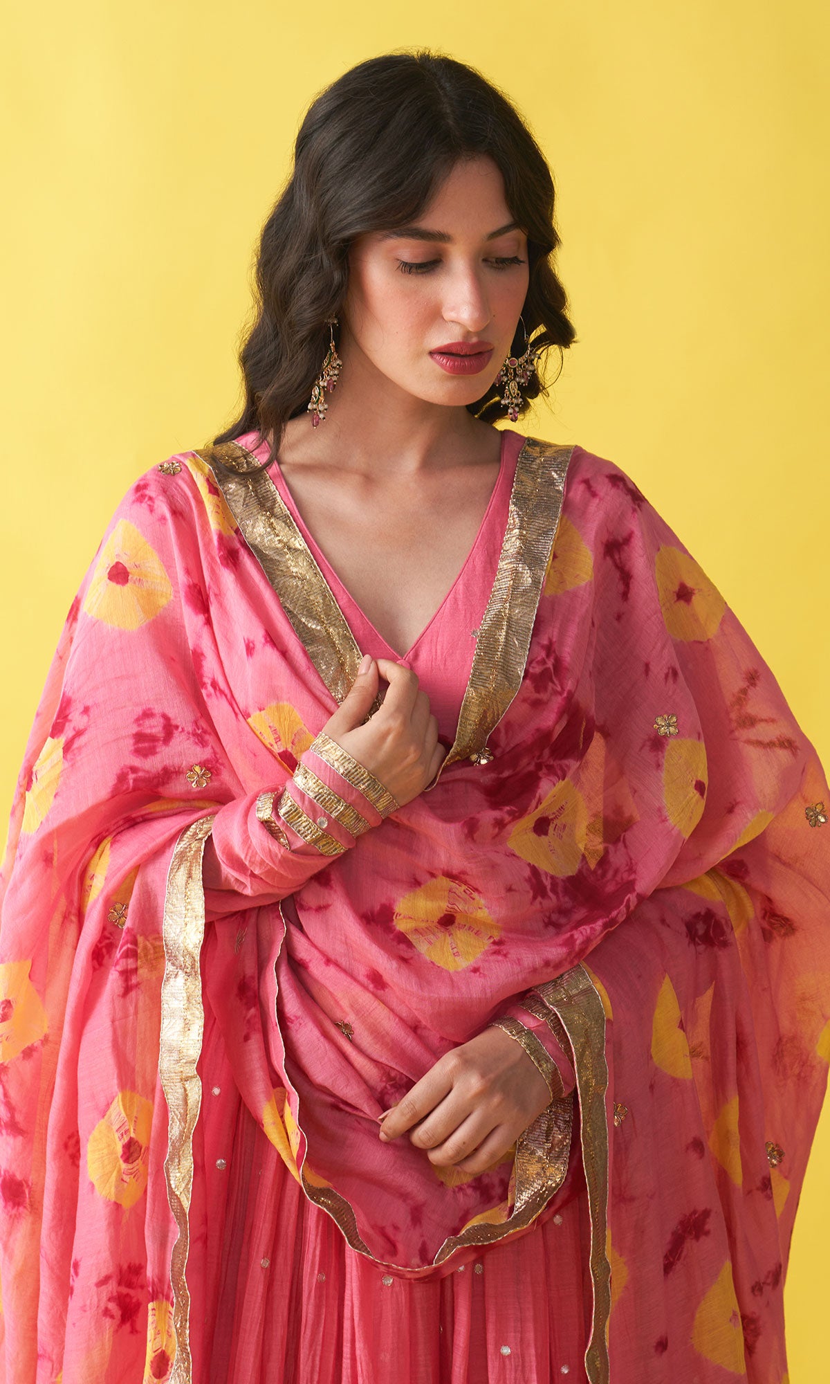 Gulzaar pink v-neck anarkali with flared palazzo and bandhej dupatta (set of 3) - Ready to ship