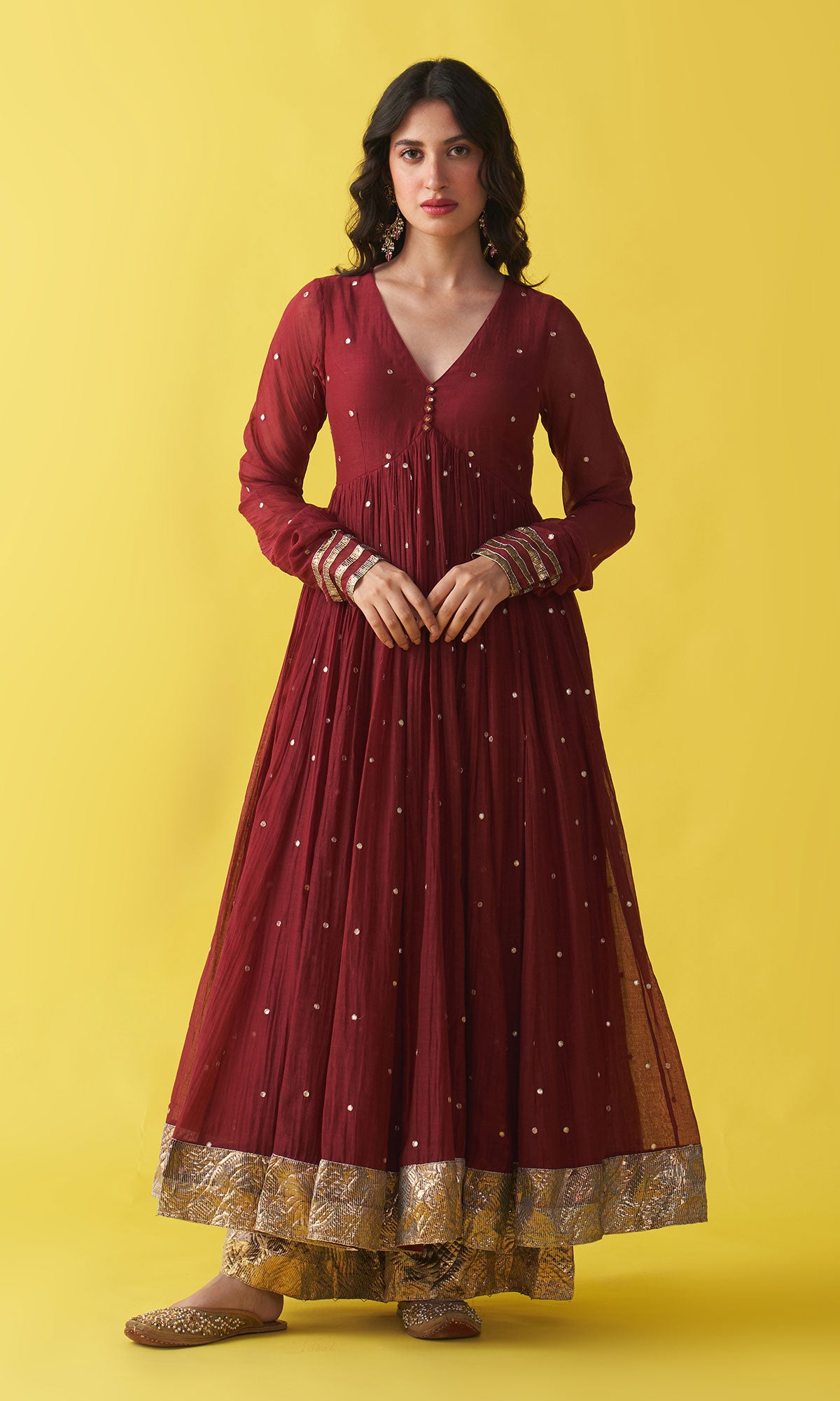 Gulzaar berry red v-neck anarkali with flared palazzo and bandhej dupatta (set of 3) RTS