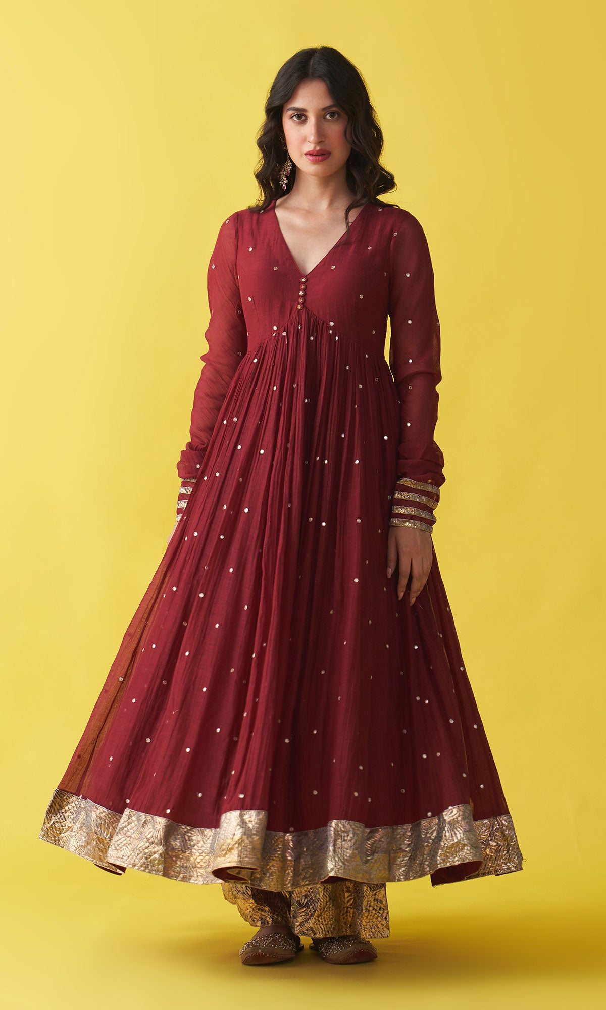 Gulzaar berry red v-neck anarkali with flared palazzo and bandhej dupatta (set of 3) RTS