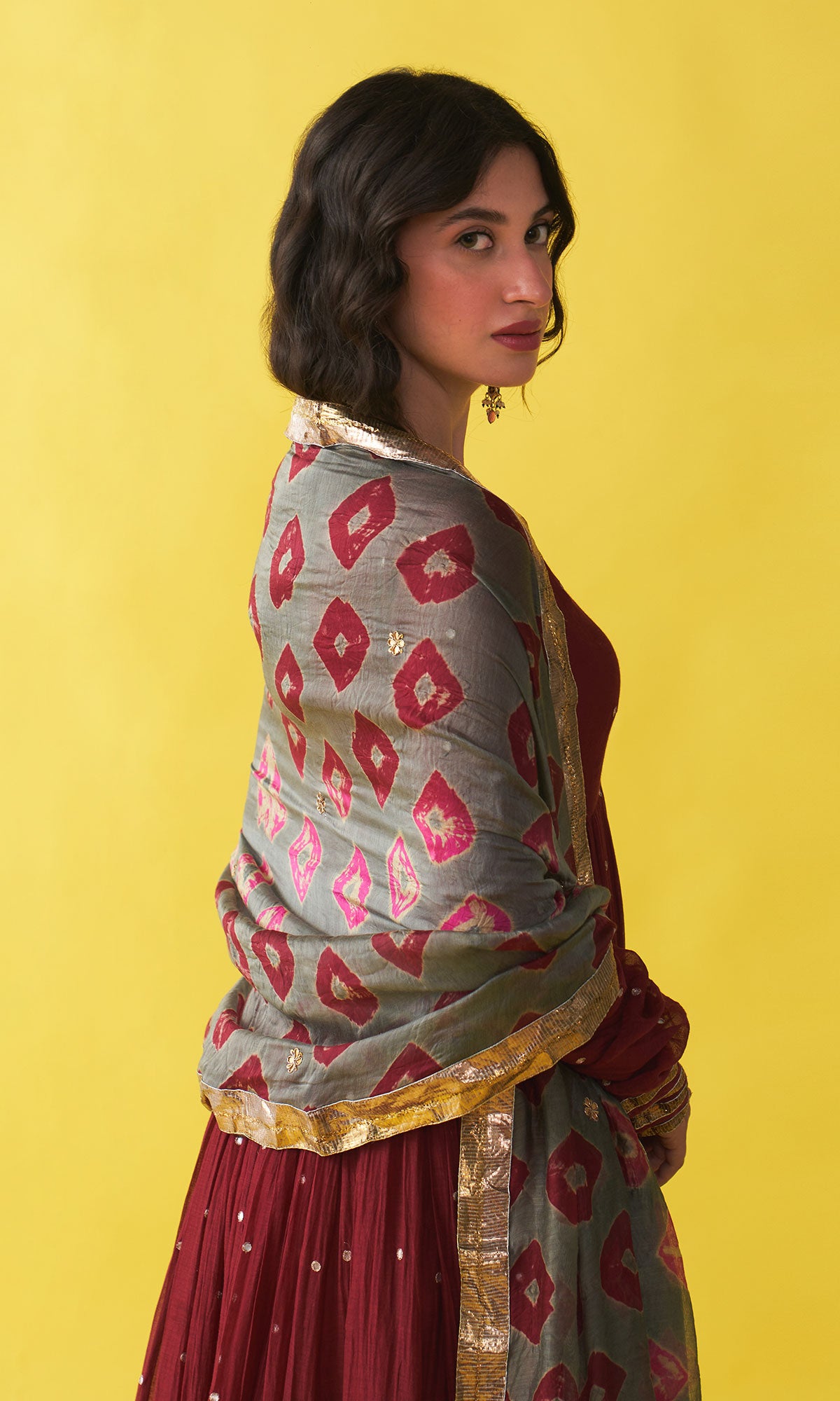 Gulzaar berry red v-neck anarkali with flared palazzo and bandhej dupatta (set of 3) RTS