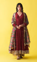Gulzaar berry red v-neck anarkali with flared palazzo and bandhej dupatta (set of 3) RTS