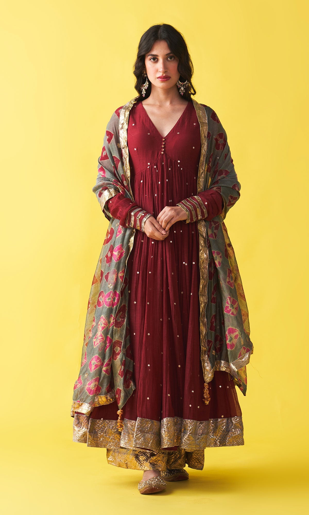 Gulzaar berry red v-neck anarkali with flared palazzo and bandhej dupatta (set of 3) RTS