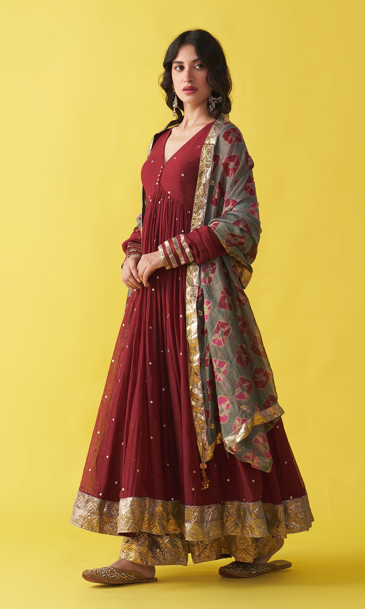 Gulzaar berry red v-neck anarkali with flared palazzo and bandhej dupatta (set of 3) RTS