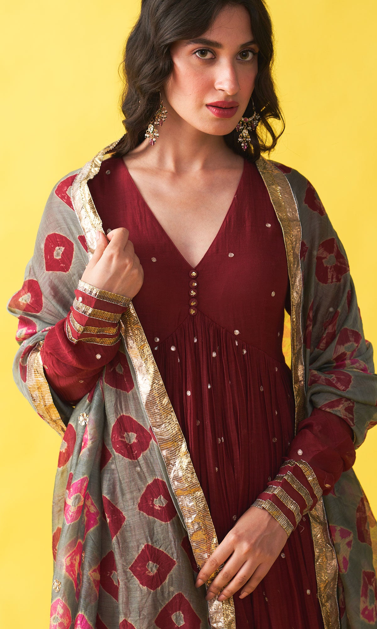 Gulzaar berry red v-neck anarkali with flared palazzo and bandhej dupatta (set of 3) RTS