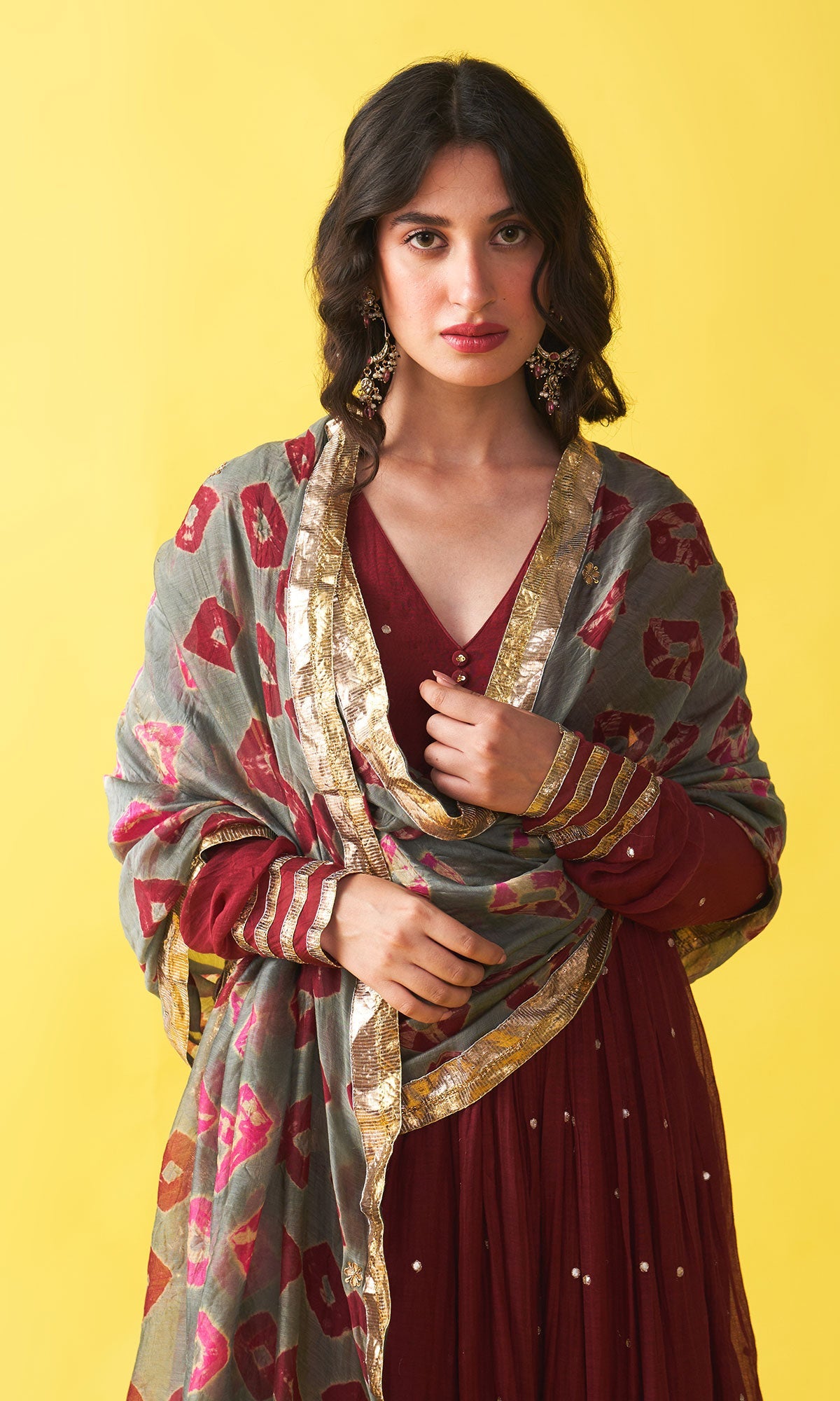 Gulzaar berry red v-neck anarkali with flared palazzo and bandhej dupatta (set of 3) RTS