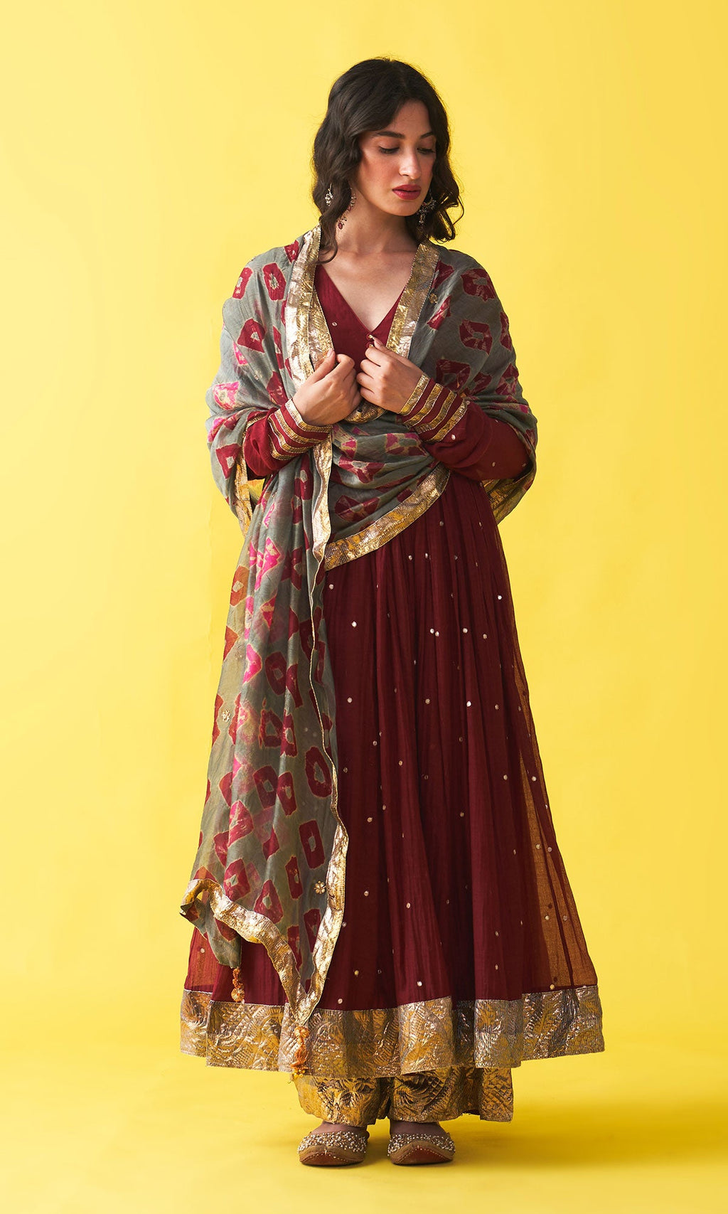 Gulzaar berry red v-neck anarkali with flared palazzo and bandhej dupatta (set of 3) RTS