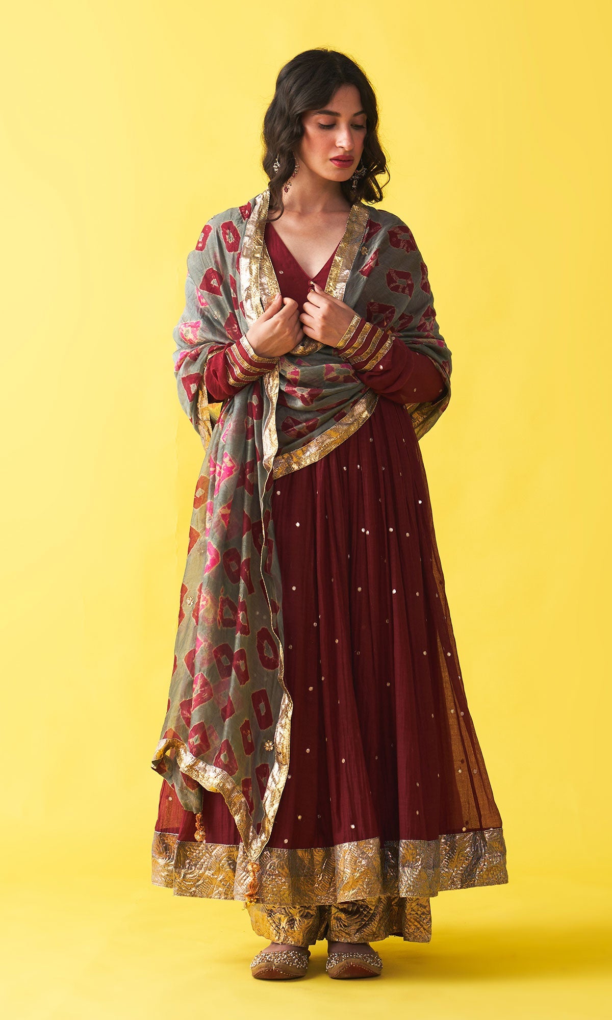 Gulzaar berry red v-neck anarkali with flared palazzo and bandhej dupatta (set of 3) RTS