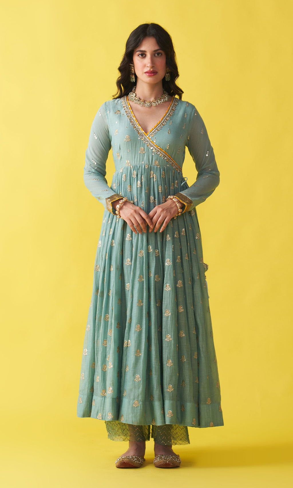 Gulzaar Turquoise Embroidered  Angrakha  Anarkali with Palazzo and Shibori Dupatta ( Set of 3) RTS