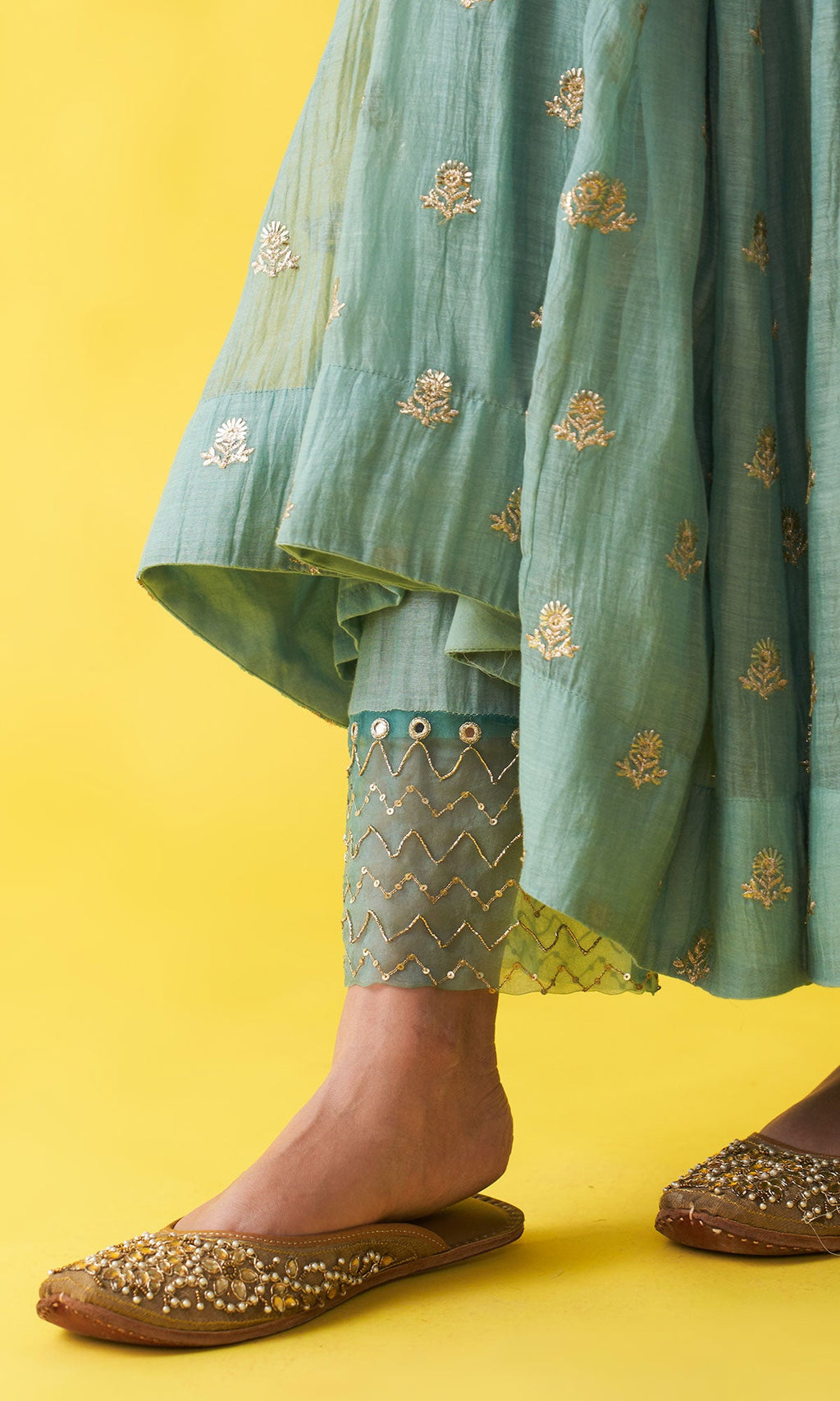 Gulzaar Turquoise Embroidered  Angrakha  Anarkali with Palazzo and Shibori Dupatta ( Set of 3) RTS