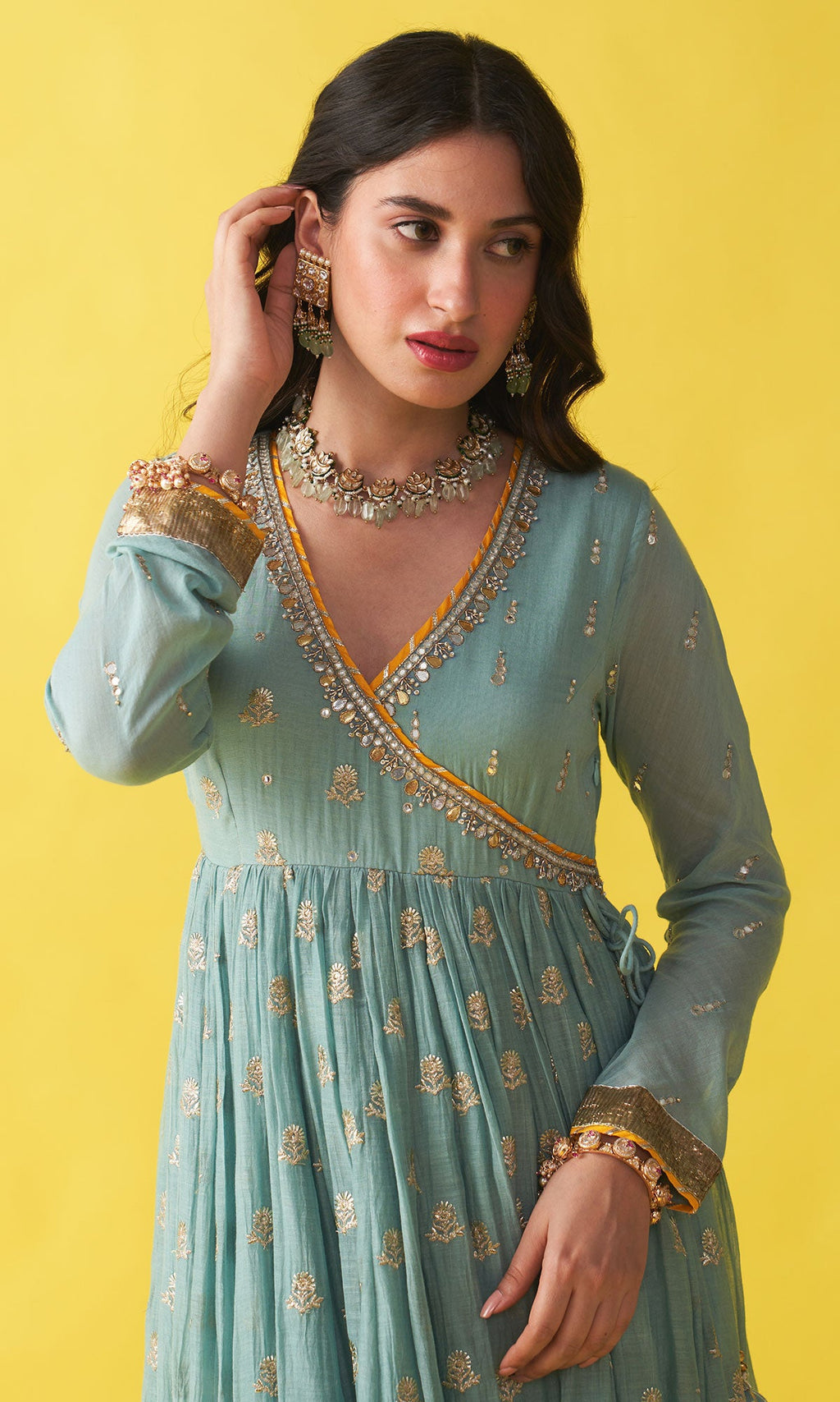 Gulzaar Turquoise Embroidered  Angrakha  Anarkali with Palazzo and Shibori Dupatta ( Set of 3) RTS