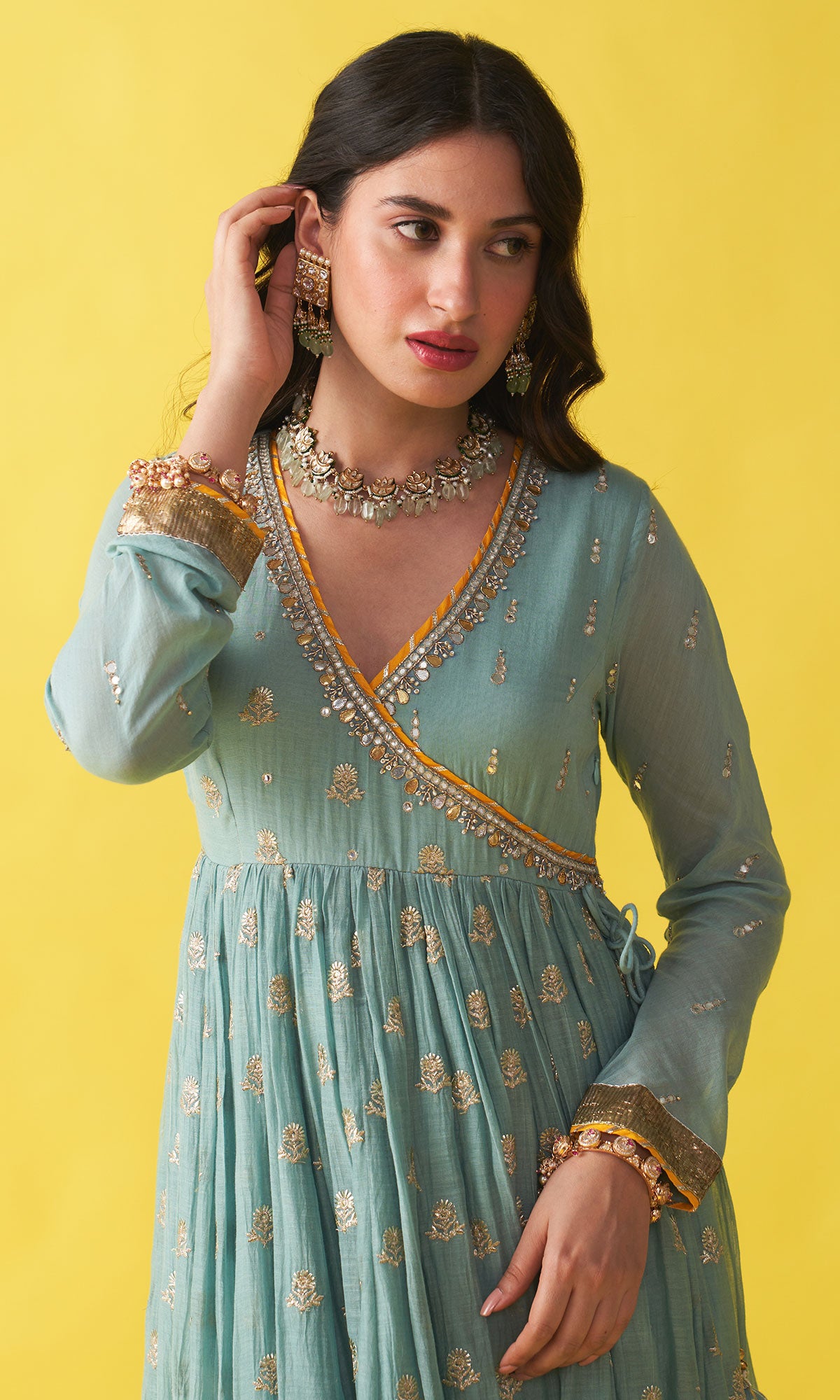 Gulzaar Turquoise Embroidered  Angrakha  Anarkali with Palazzo and Shibori Dupatta ( Set of 3) RTS