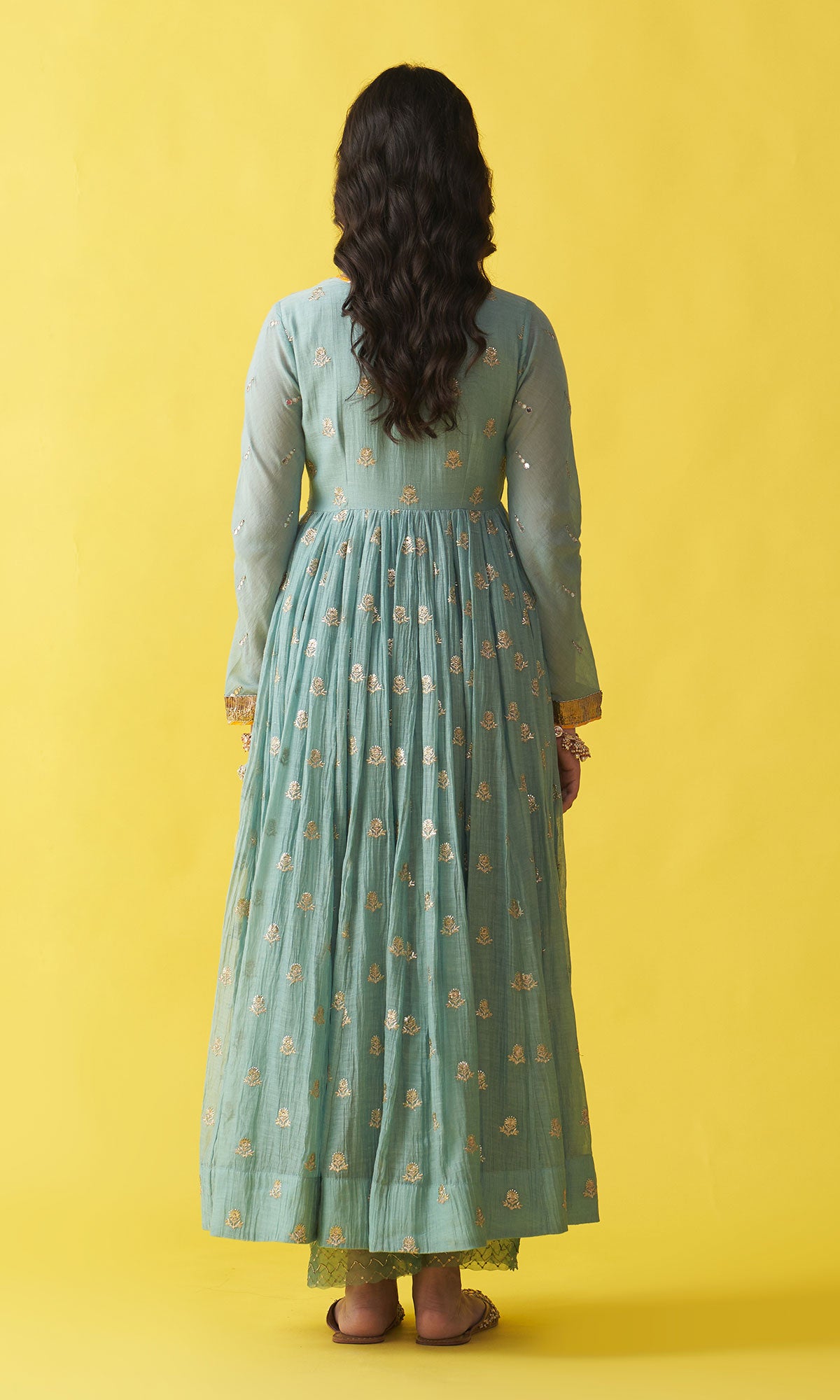 Gulzaar Turquoise Embroidered  Angrakha  Anarkali with Palazzo and Shibori Dupatta ( Set of 3) RTS