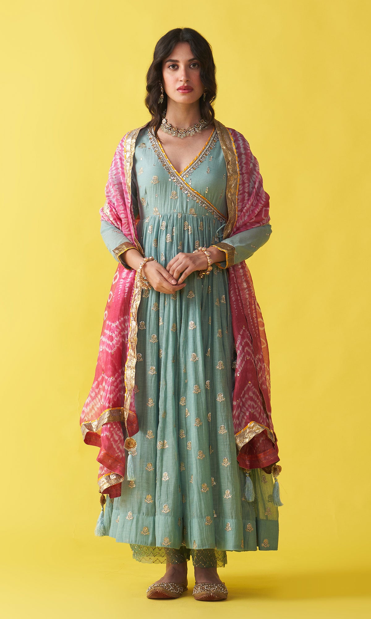Gulzaar Turquoise Embroidered  Angrakha  Anarkali with Palazzo and Shibori Dupatta ( Set of 3) RTS