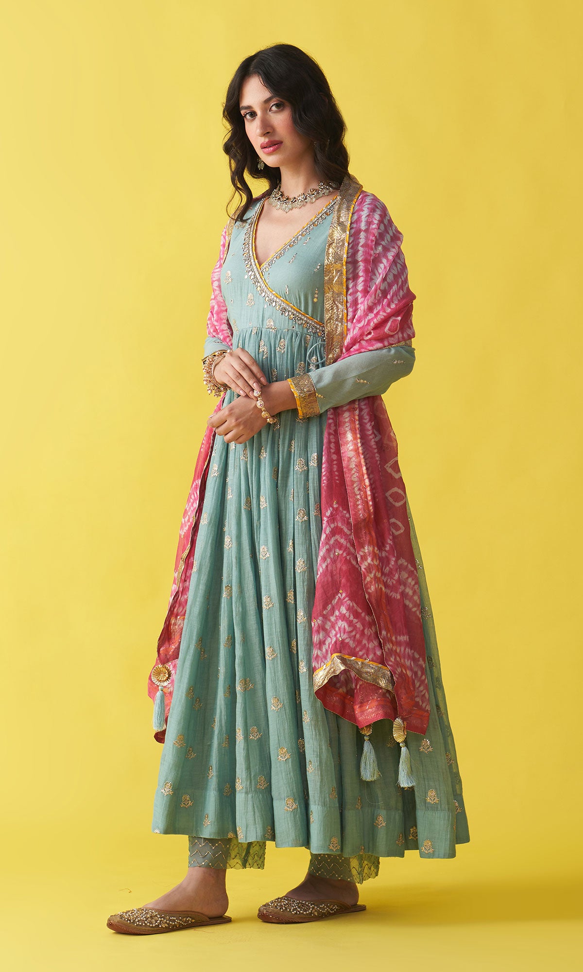 Gulzaar Turquoise Embroidered  Angrakha  Anarkali with Palazzo and Shibori Dupatta ( Set of 3) RTS