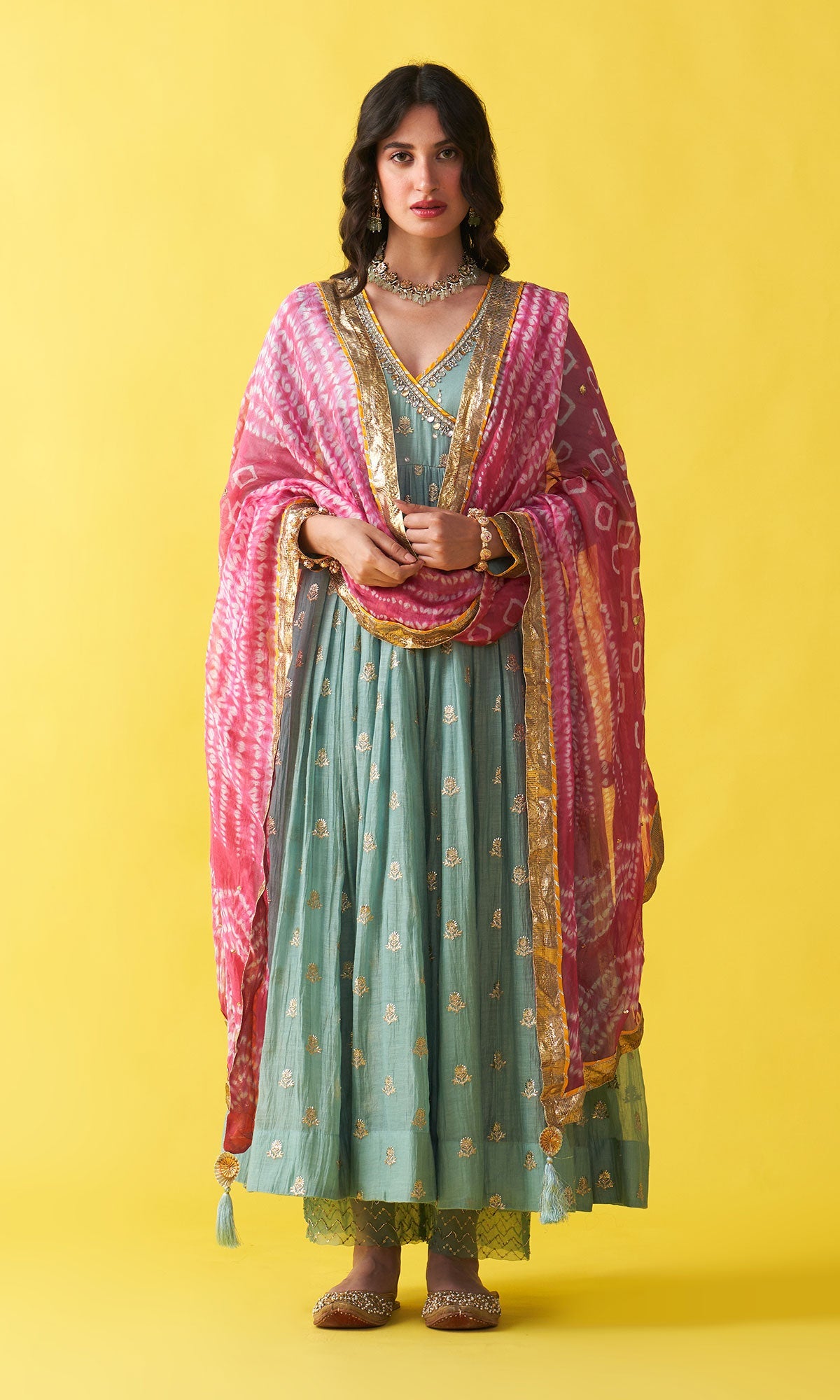Gulzaar Turquoise Embroidered  Angrakha  Anarkali with Palazzo and Shibori Dupatta ( Set of 3) RTS