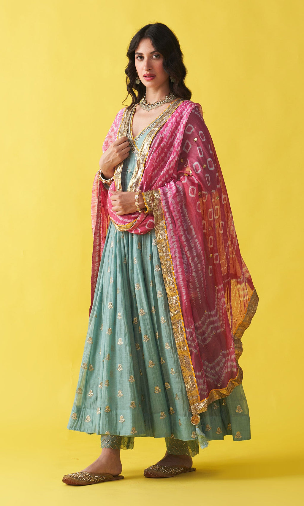 Gulzaar Turquoise Embroidered  Angrakha  Anarkali with Palazzo and Shibori Dupatta ( Set of 3) RTS