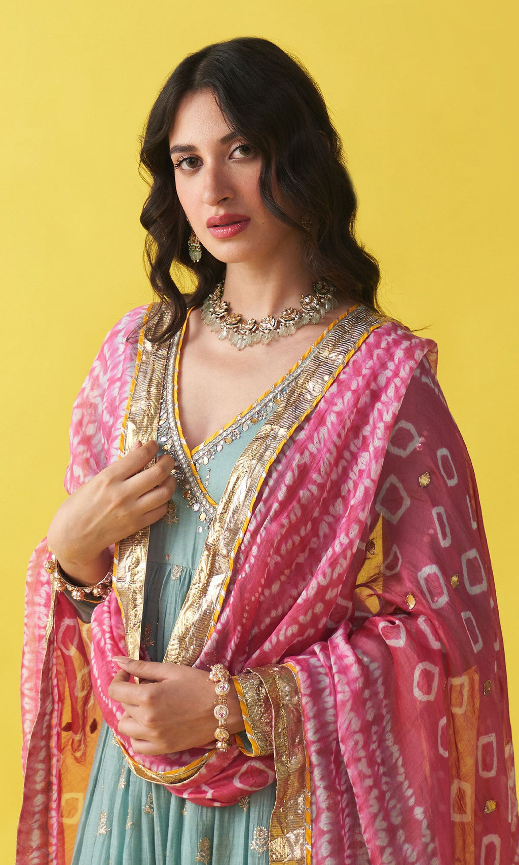 Gulzaar Turquoise Embroidered  Angrakha  Anarkali with Palazzo and Shibori Dupatta ( Set of 3) RTS