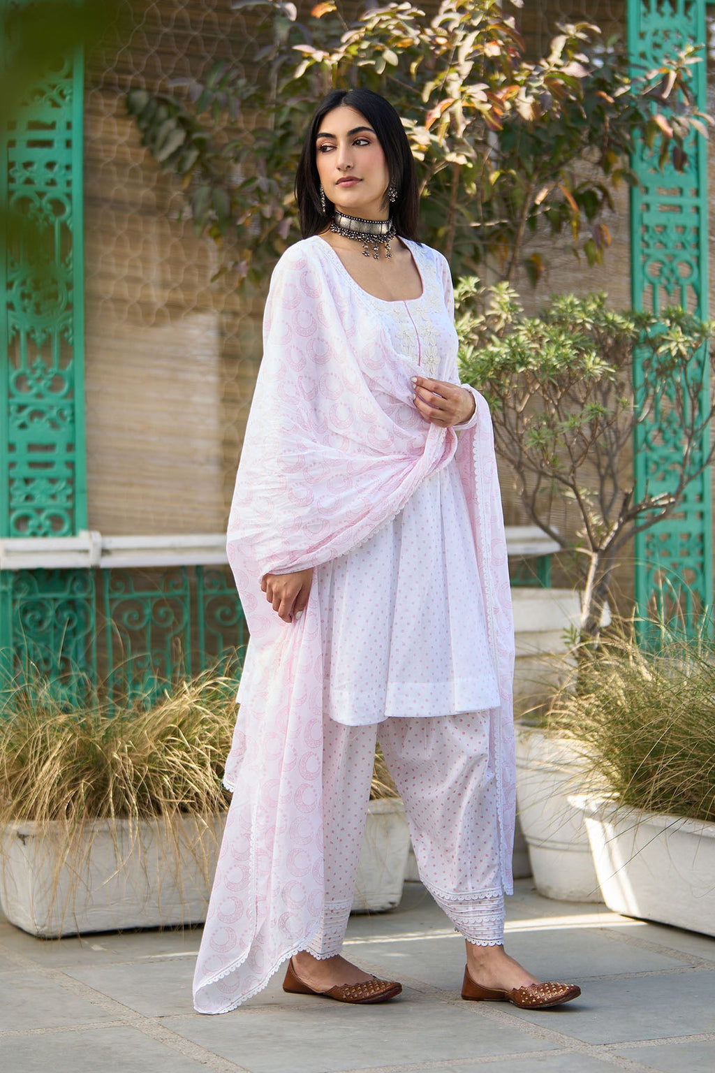 Ombre pink block printed short anarkali with salwar and dupatta ( Set of 3 ) - Ready to ship