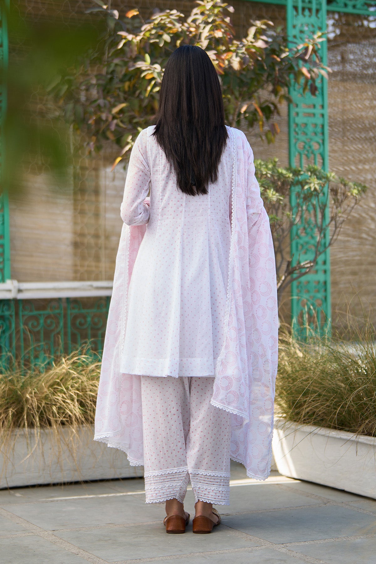 Ombre pink block printed short anarkali with salwar and dupatta ( Set of 3 ) - Ready to ship