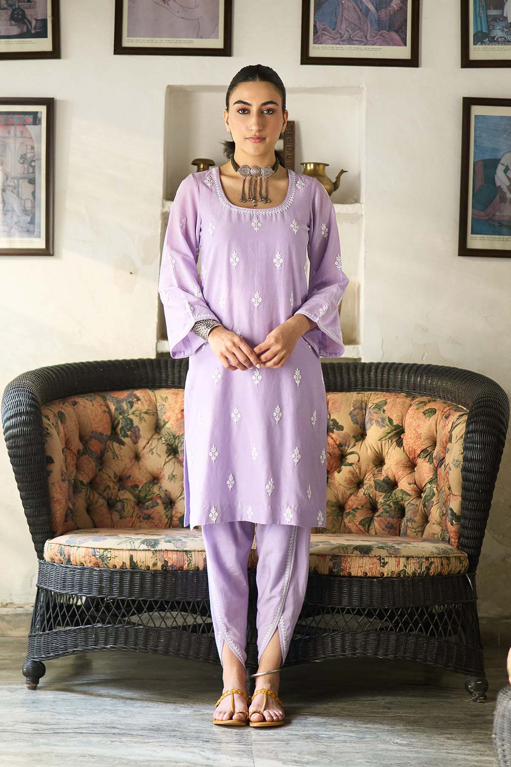 Chikankari lilac short kurta with tulip pants and dupatta ( set of 3 ) - Ready to ship