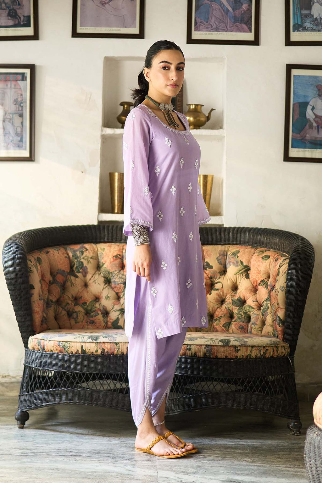 Chikankari lilac short kurta with tulip pants and dupatta ( set of 3 ) - Ready to ship