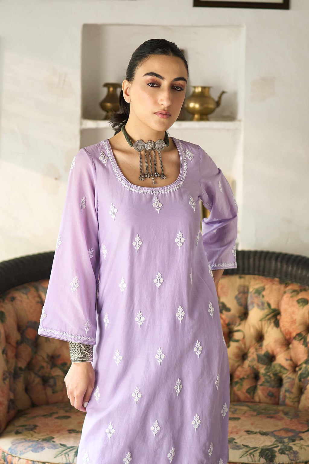 Chikankari lilac short kurta with tulip pants and dupatta ( set of 3 ) - Ready to ship