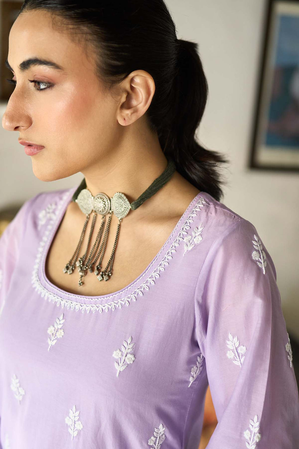 Chikankari lilac short kurta with tulip pants and dupatta ( set of 3 ) - Ready to ship