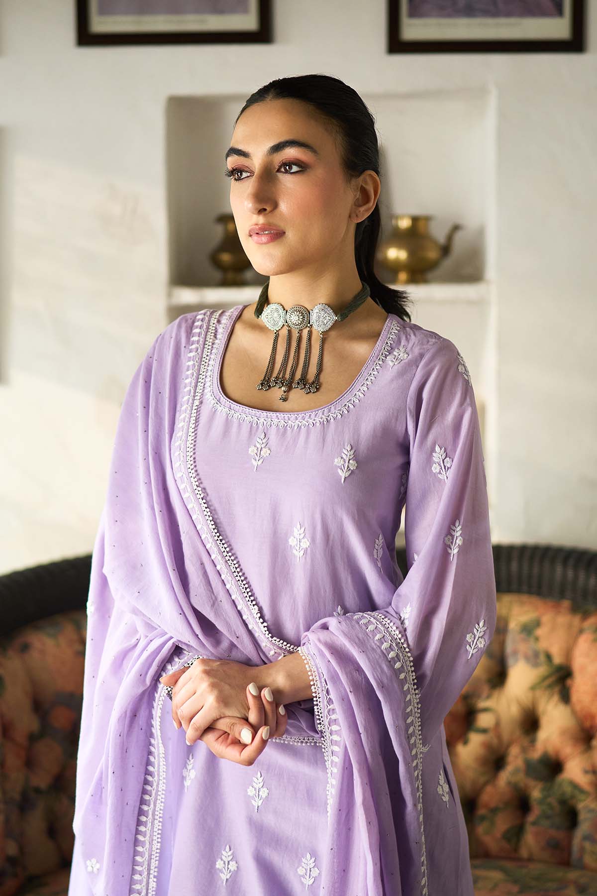Chikankari lilac short kurta with tulip pants and dupatta ( set of 3 ) - Ready to ship