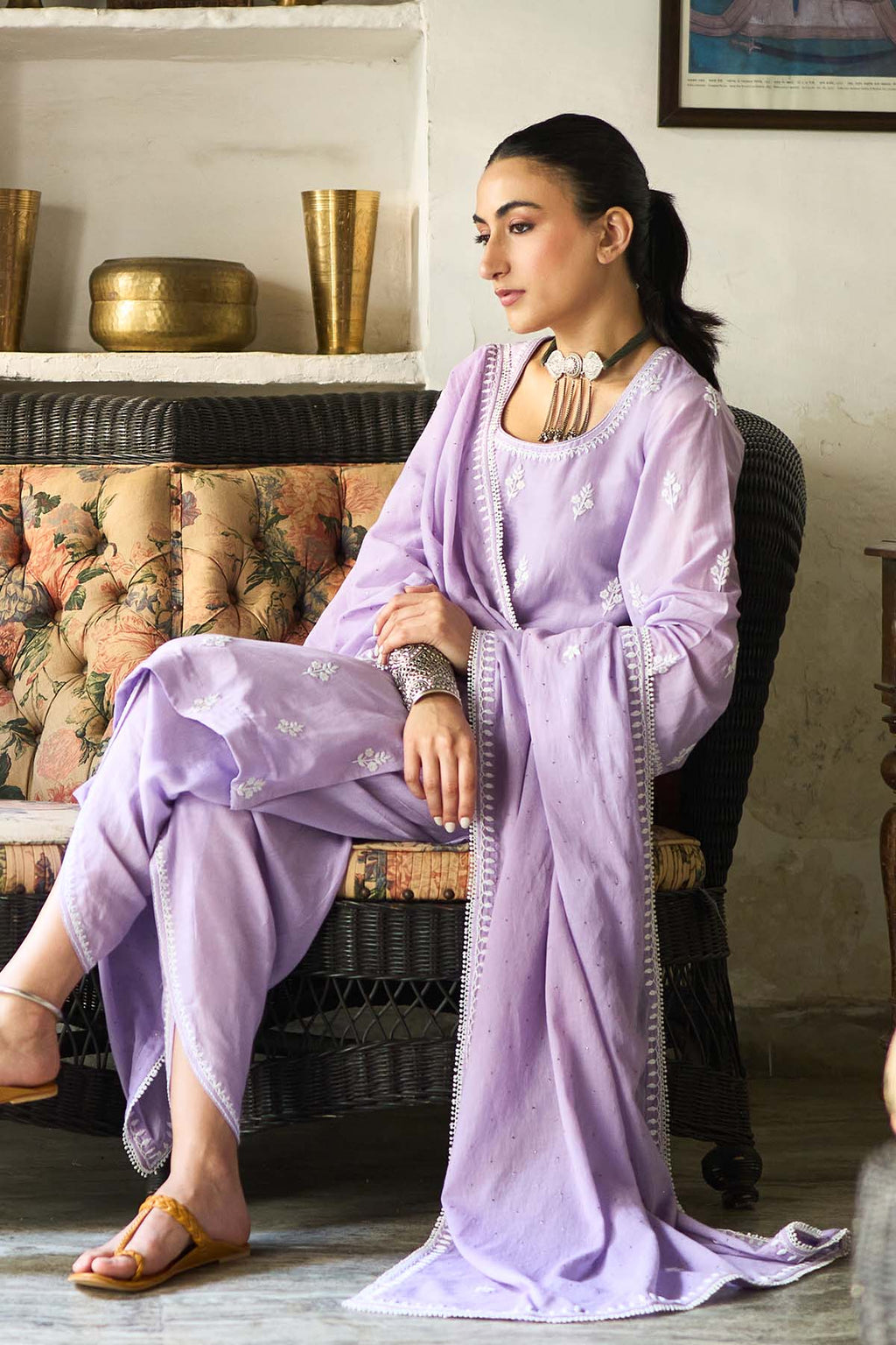 Chikankari lilac short kurta with tulip pants and dupatta ( set of 3 ) - Ready to ship