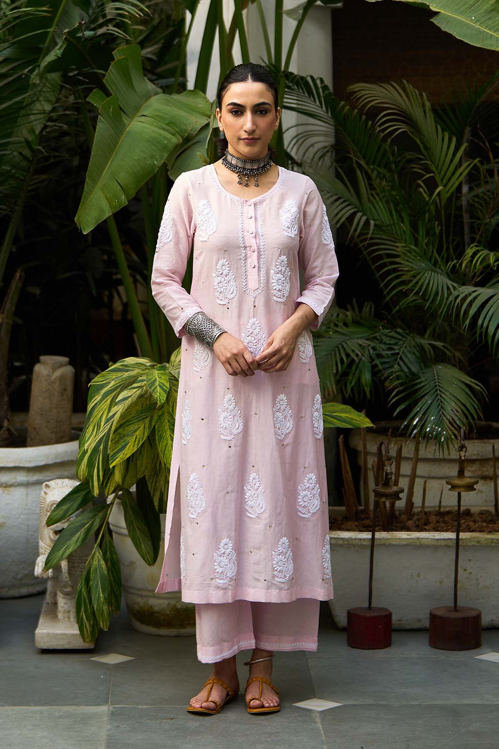 Chikankari pink straight kurta with palazzo ( set of 2 ) - Ready to ship