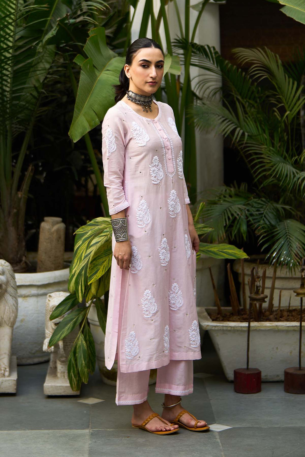 Chikankari pink straight kurta with palazzo ( set of 2 ) - Ready to ship