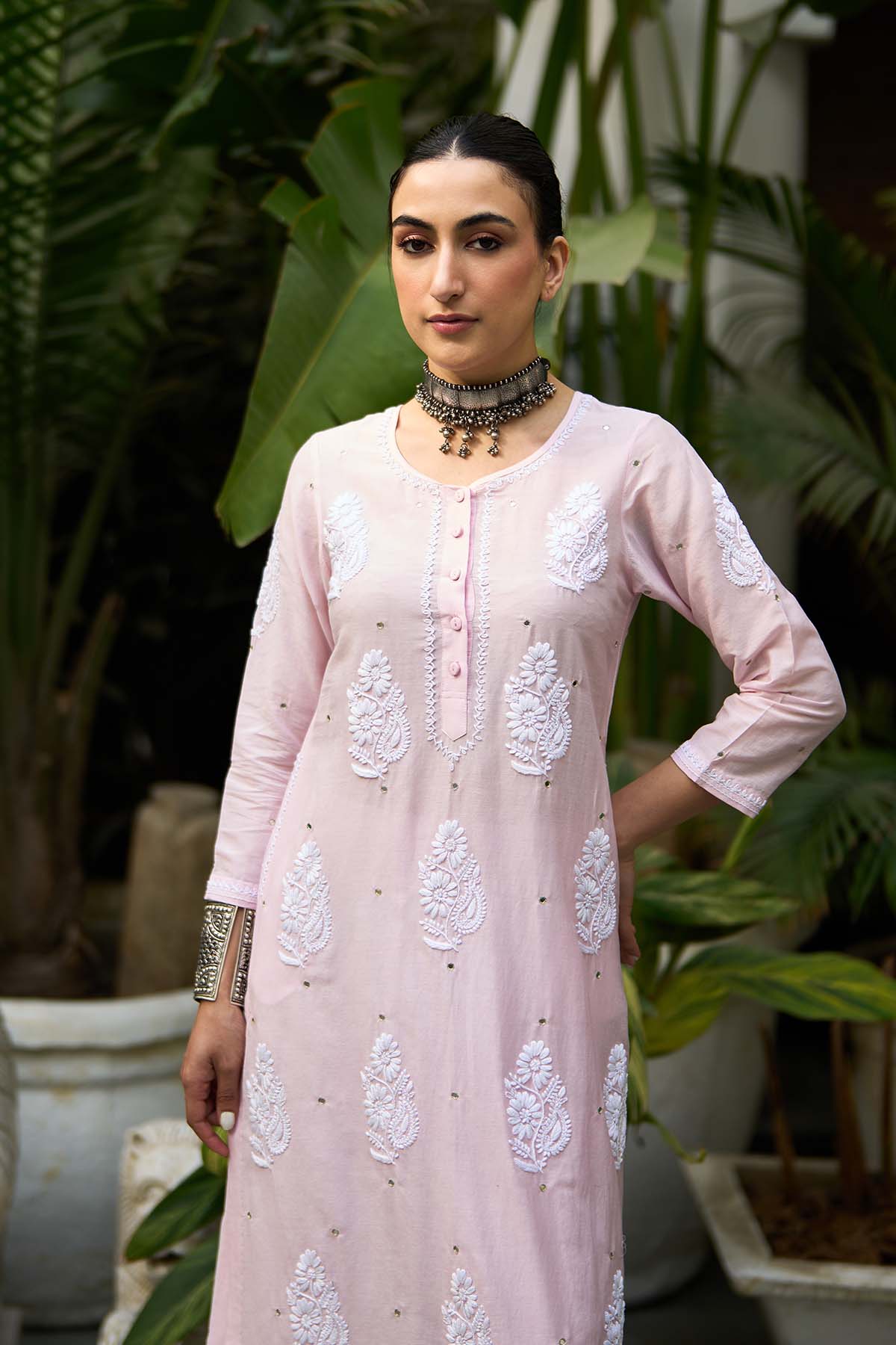 Chikankari pink straight kurta with palazzo ( set of 2 ) - Ready to ship