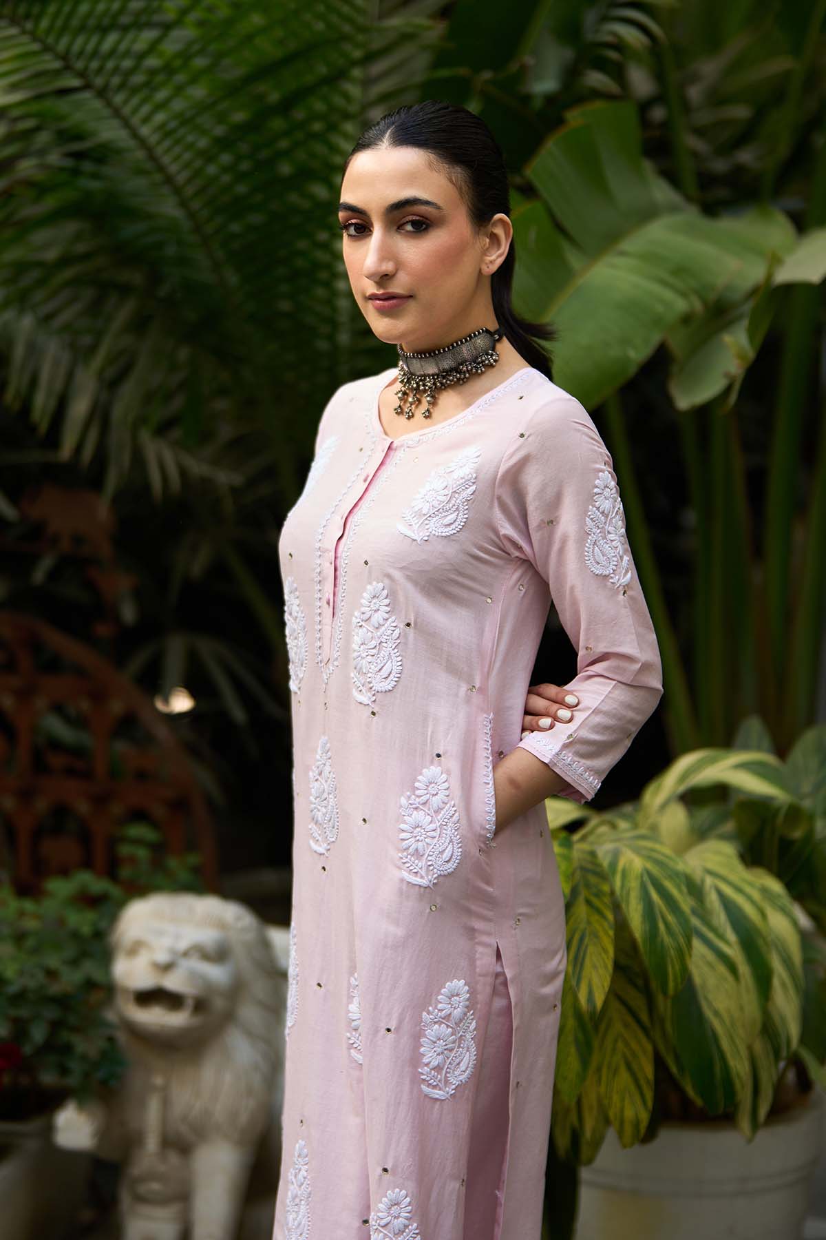 Chikankari pink straight kurta with palazzo ( set of 2 ) - Ready to ship