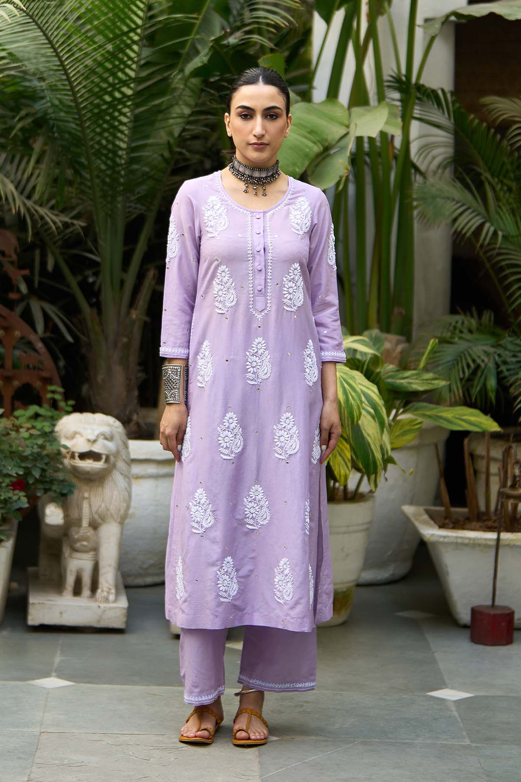 Chikankari lilac straight kurta with palazzo ( set of 2 ) - Ready to ship