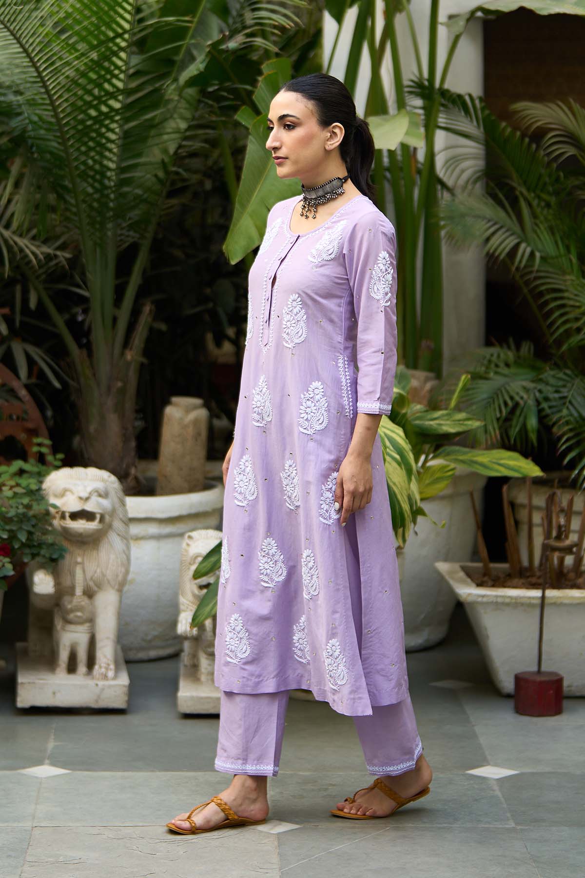 Chikankari lilac straight kurta with palazzo ( set of 2 ) - Ready to ship