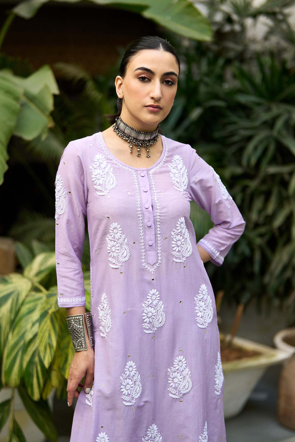 Chikankari lilac straight kurta with palazzo ( set of 2 ) - Ready to ship