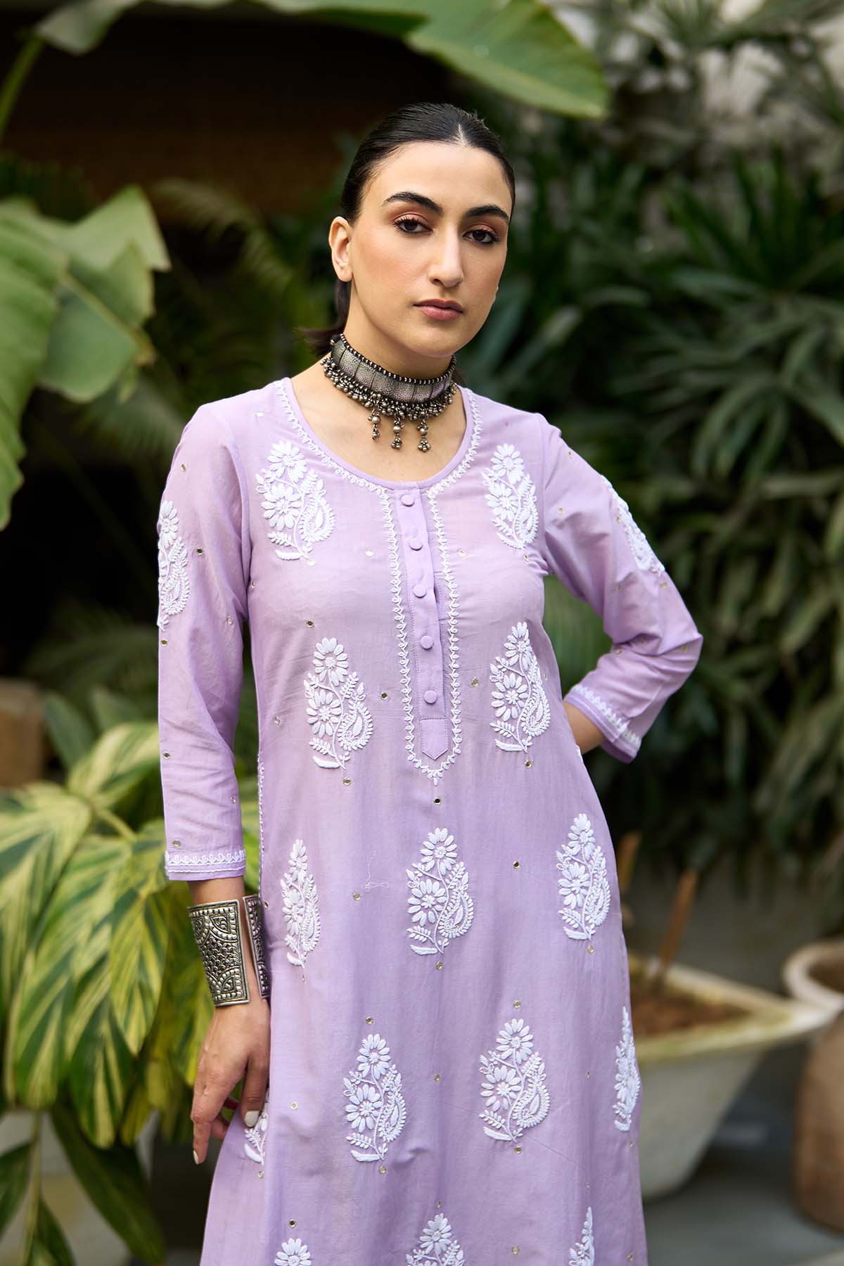Chikankari lilac straight kurta with palazzo ( set of 2 ) - Ready to ship