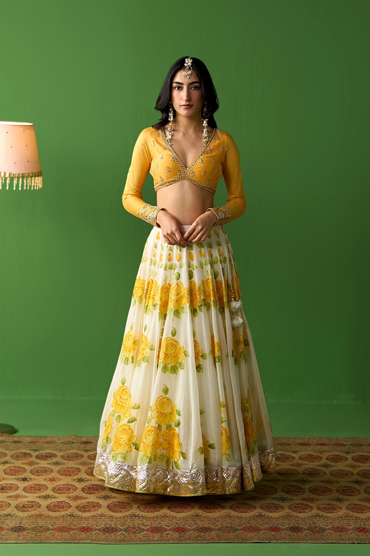 Sirat Vol. 2 Ivory Mustard Hand Painted Lehenga With Blouse And Dupatta ( Set Of 3) - Ready to ship