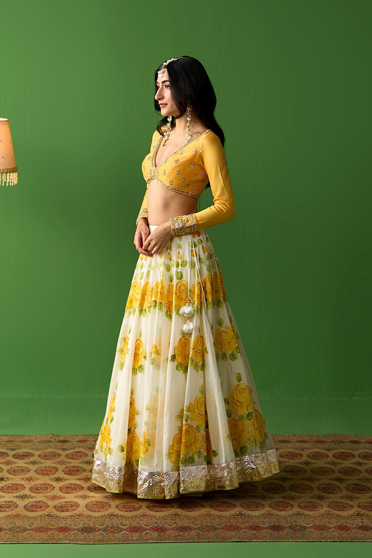 Sirat Vol. 2 Ivory Mustard Hand Painted Lehenga With Blouse And Dupatta ( Set Of 3) - Ready to ship