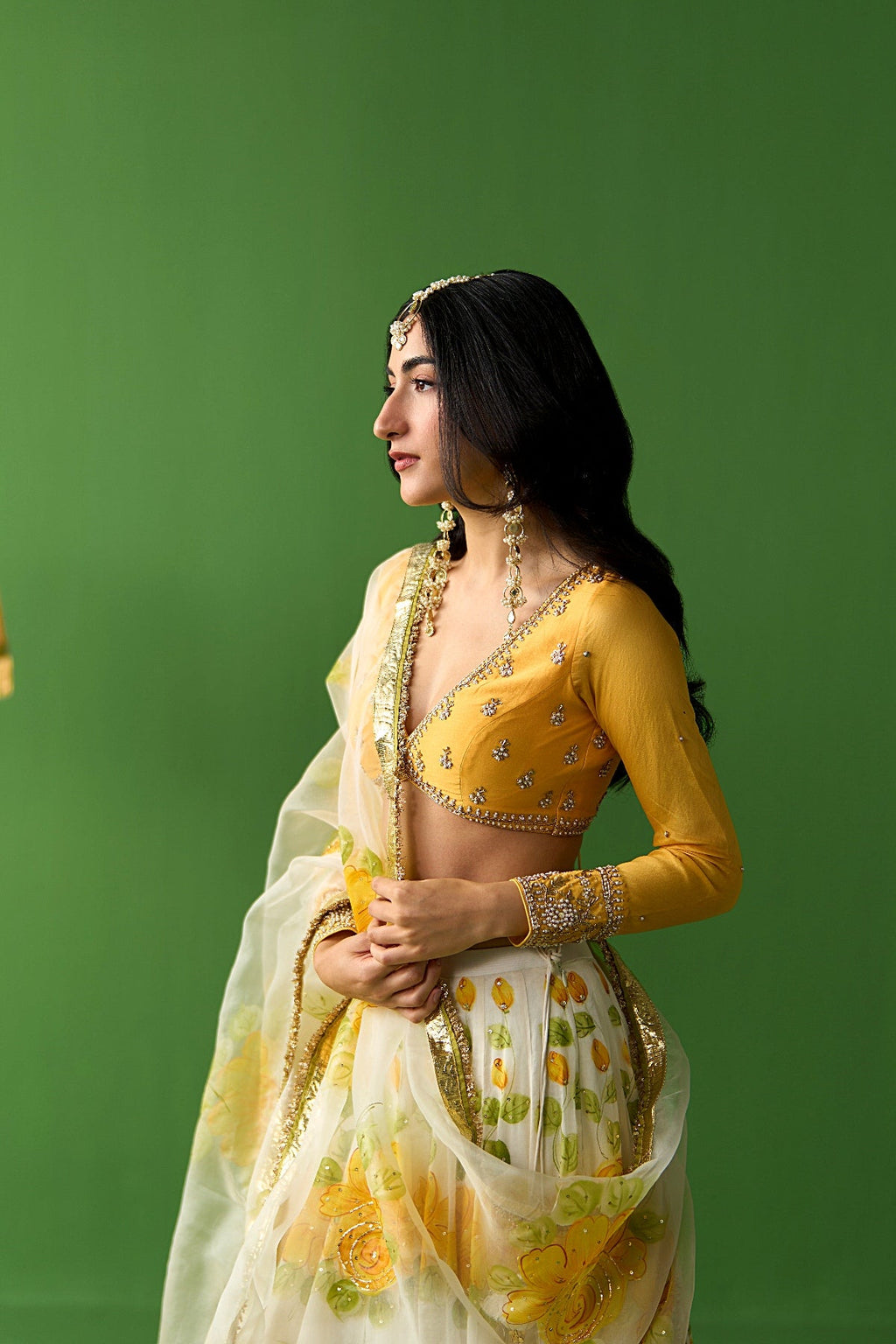 Sirat Vol. 2 Ivory Mustard Hand Painted Lehenga With Blouse And Dupatta ( Set Of 3) - Ready to ship