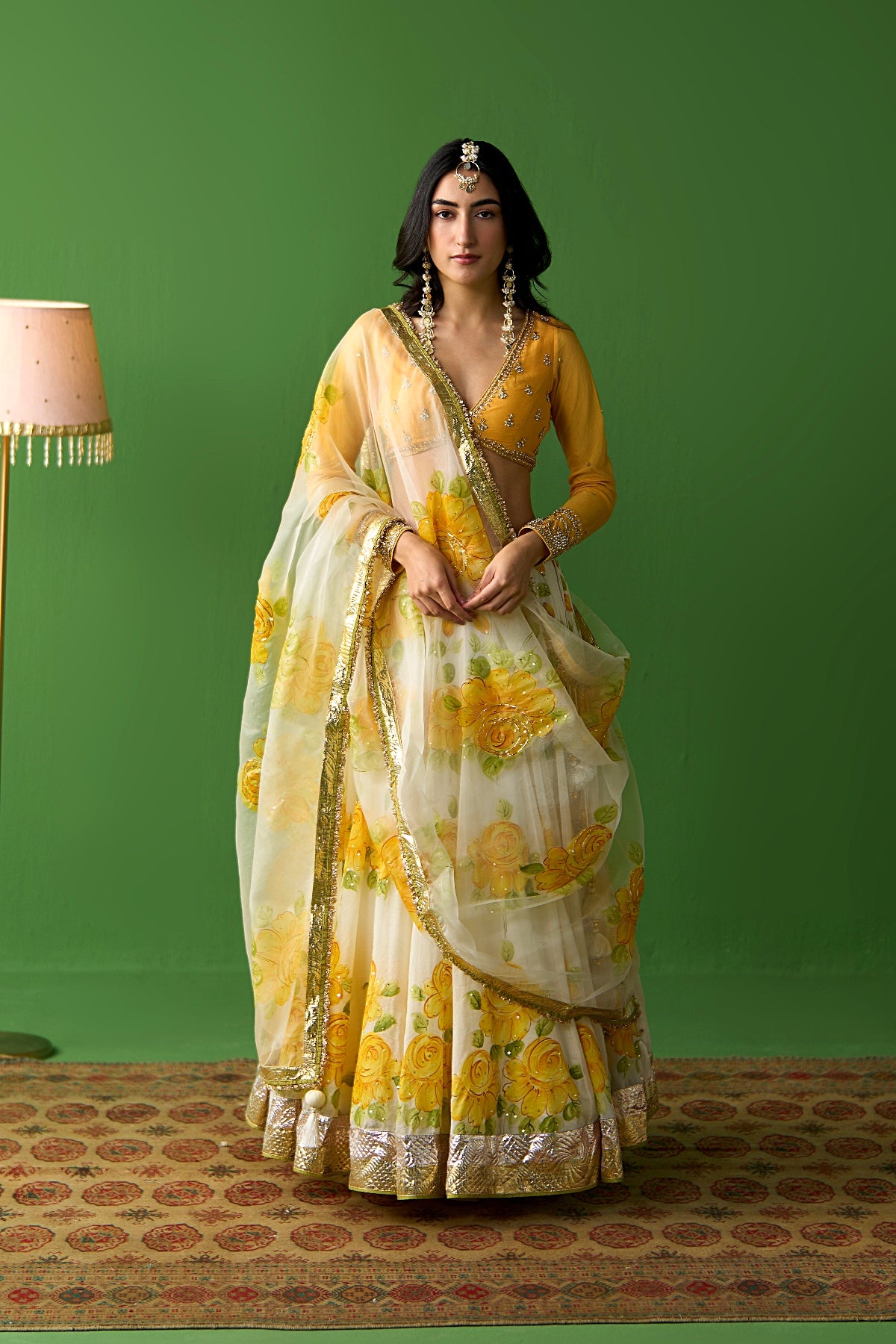 Sirat Vol. 2 Ivory Mustard Hand Painted Lehenga With Blouse And Dupatta ( Set Of 3) - Ready to ship