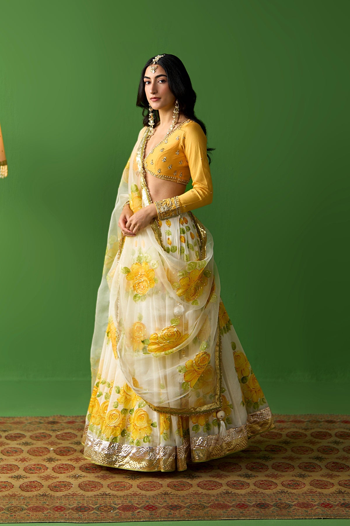 Sirat Vol. 2 Ivory Mustard Hand Painted Lehenga With Blouse And Dupatta ( Set Of 3) - Ready to ship