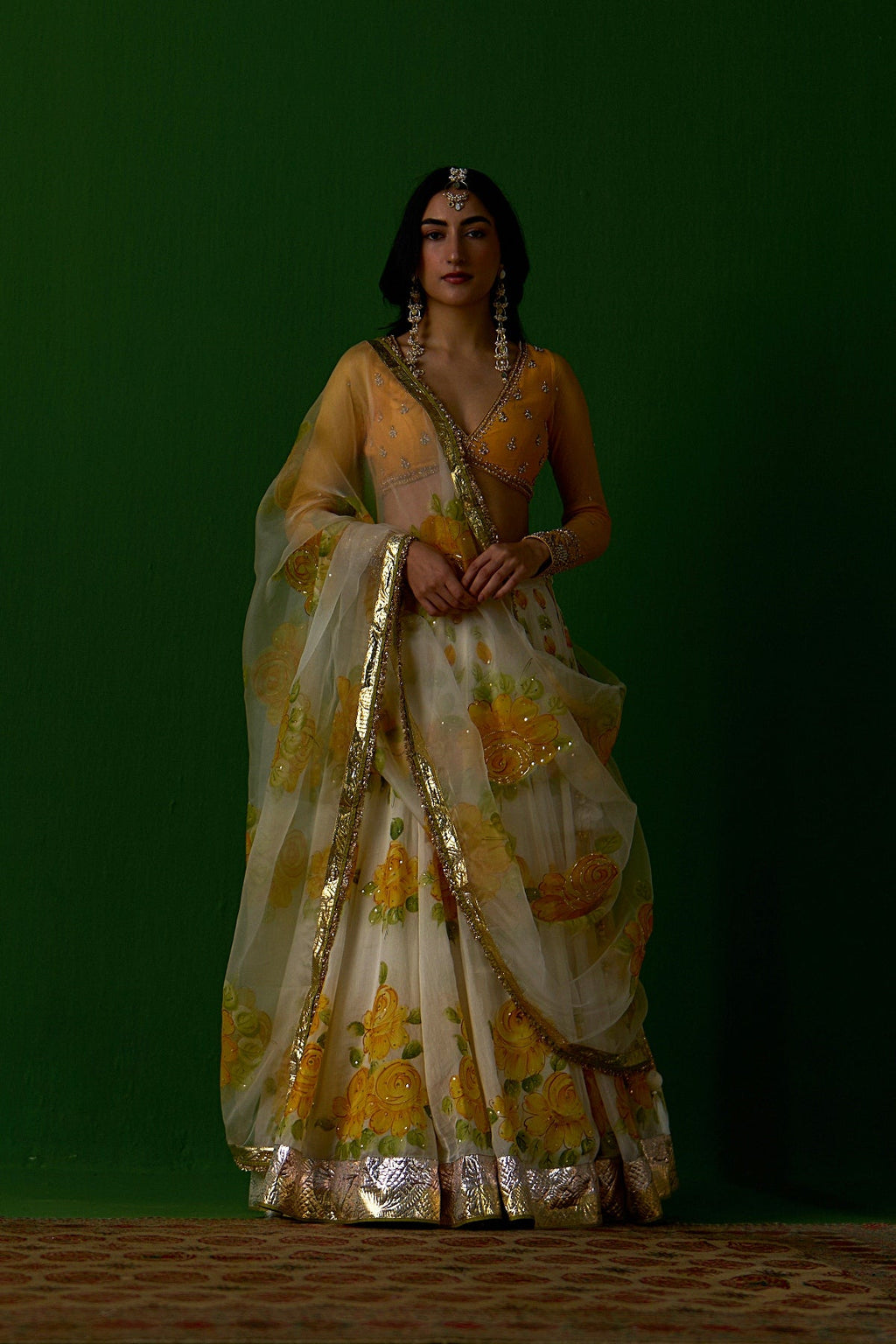 Sirat Vol. 2 Ivory Mustard Hand Painted Lehenga With Blouse And Dupatta ( Set Of 3) - Ready to ship