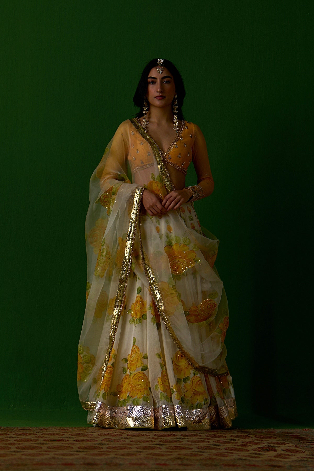 Sirat Vol. 2 Ivory Mustard Hand Painted Lehenga With Blouse And Dupatta ( Set Of 3) - Ready to ship